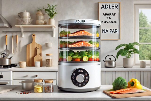 Adler aparat za kuvanje na pari smešten u modernoj kuhinji. U njemu se pari losos i razno povrće.