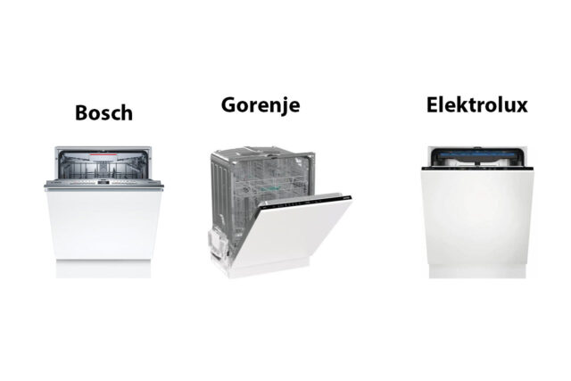 Mašina za sudove ugradnie - Uporedni prikaz Bosh, Gorenje i Elektrolux na beloj podlozi.