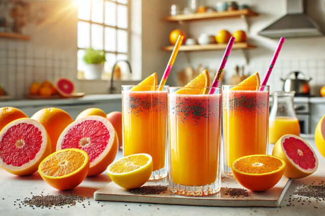 Recepti za sok od citrusa - sveže pripremljeni napitak od grejpfruta i narandže u visokim čašama sa chia semenkama