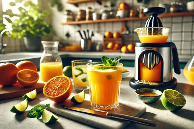 Recepti za sok od citrusa - soka od narandže sa listom nane na kuhinjskom pultu i cediljkom za citruse, narandže, limete, med