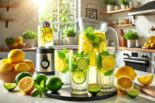 Recepti za sok od citrusa - osvežavajući napitak od limuna i limete u čašama sa svežom nanom na kuhinjskom stolu