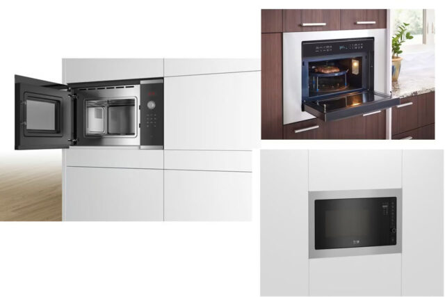 Ugradne mikrotalasne pećnice, tri različita prikaza kako su ugrađene u kuhinji.
